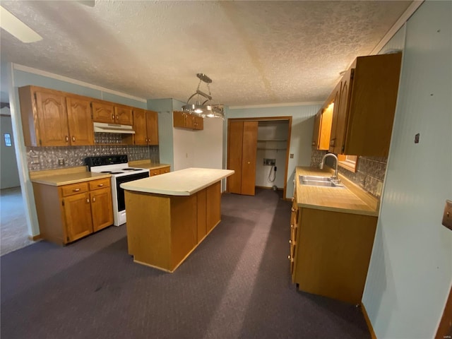 kitchen featuring white electric range oven, sink, a center island, pendant lighting, and decorative backsplash