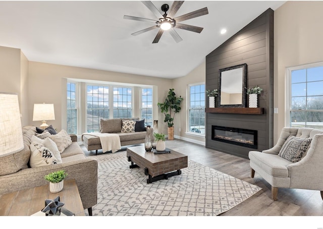 living room with hardwood / wood-style floors, a fireplace, a healthy amount of sunlight, and ceiling fan