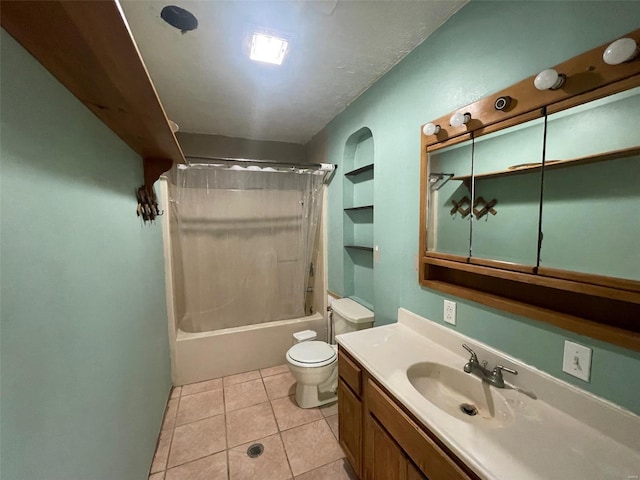 full bathroom featuring tile patterned flooring, vanity, shower / bath combination with curtain, and toilet