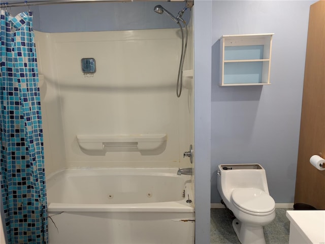 bathroom with shower / bath combination with curtain and toilet