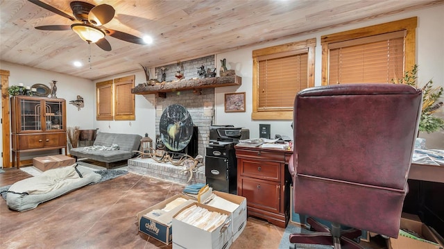 office space featuring wooden ceiling and ceiling fan