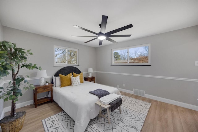 bedroom with light wood-type flooring, visible vents, baseboards, and multiple windows