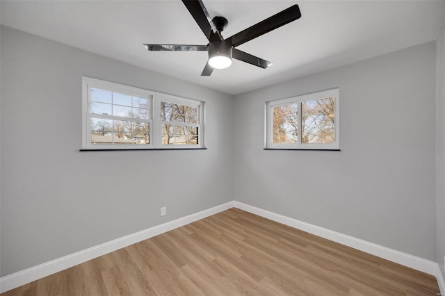 empty room featuring light wood-style floors, ceiling fan, and baseboards