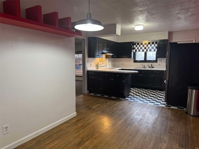 kitchen with sink, hanging light fixtures, fridge, dark hardwood / wood-style floors, and white electric stove