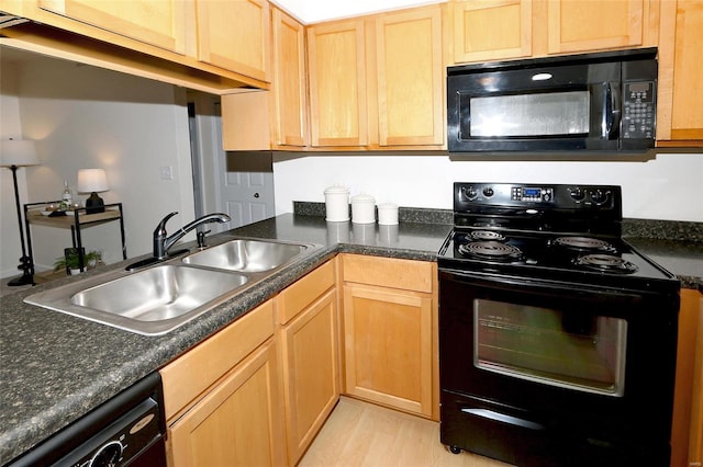 kitchen with sink, light hardwood / wood-style floors, and black appliances