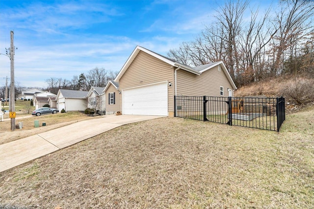 view of property exterior with a garage and a lawn