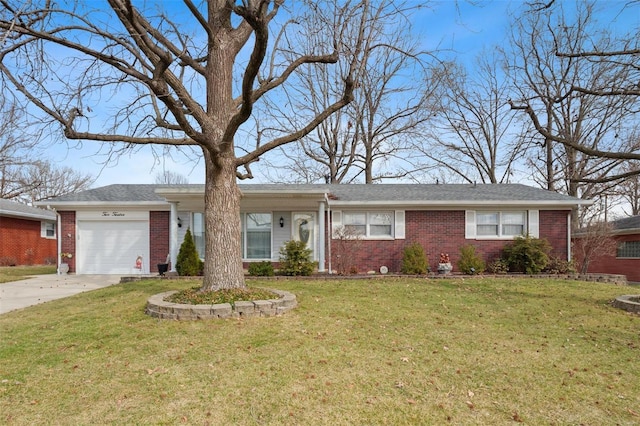 ranch-style home with driveway, an attached garage, a front lawn, and brick siding