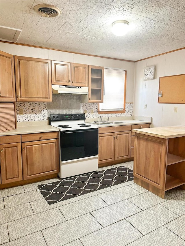 kitchen featuring visible vents, electric range oven, light countertops, under cabinet range hood, and a sink