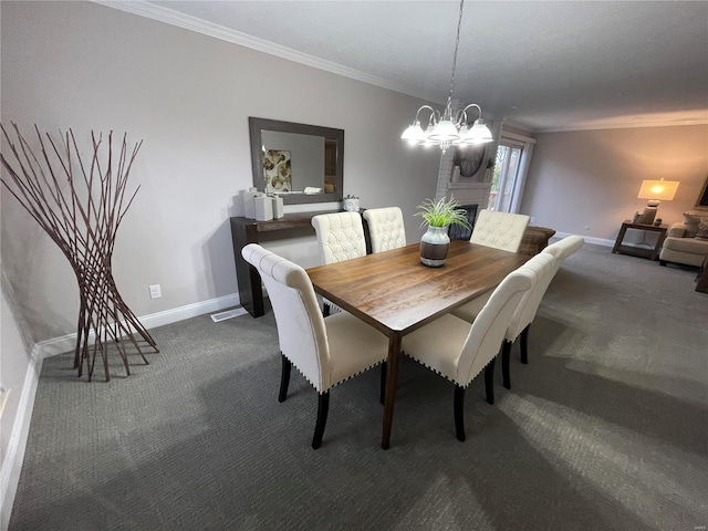 carpeted dining space featuring ornamental molding and a notable chandelier