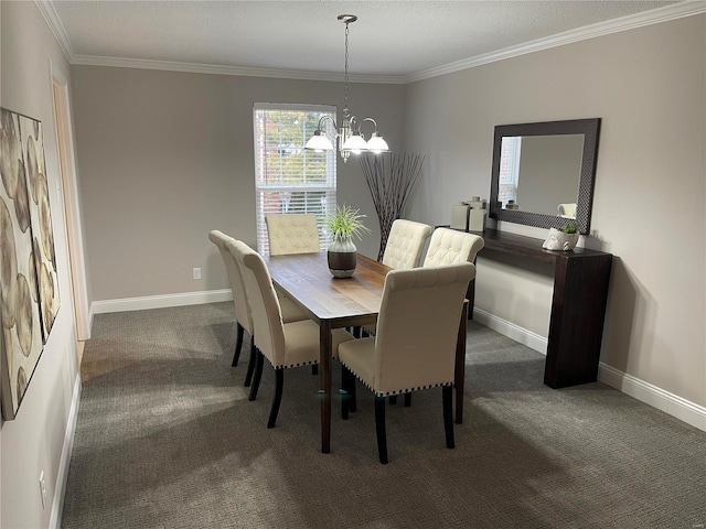 dining space featuring ornamental molding, an inviting chandelier, and dark carpet