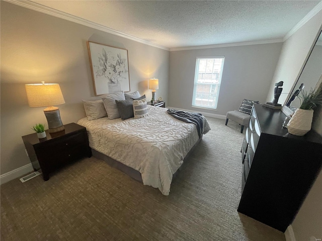 bedroom featuring ornamental molding, dark carpet, and a textured ceiling