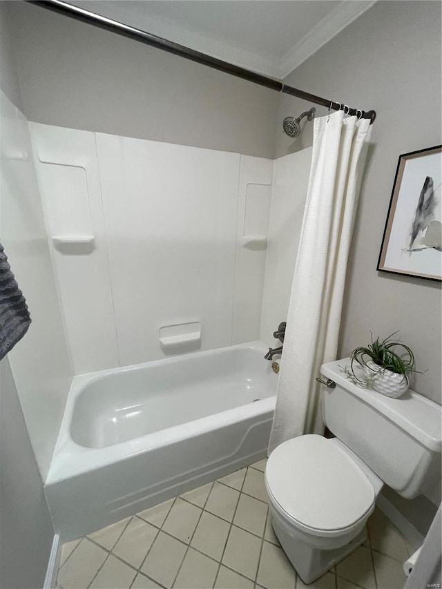 bathroom featuring ornamental molding, shower / bath combo, tile patterned floors, and toilet