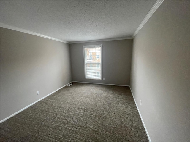 carpeted empty room with crown molding and a textured ceiling