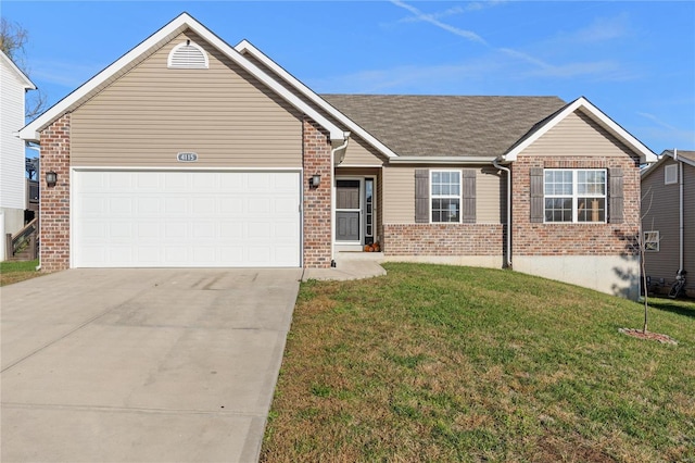 ranch-style home with a garage and a front lawn