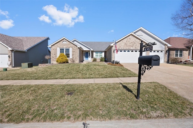 ranch-style home with a front lawn, an attached garage, brick siding, and driveway