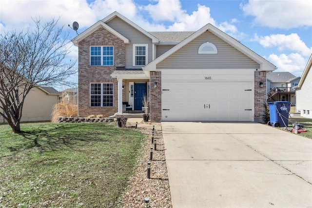 traditional-style home with concrete driveway, brick siding, and an attached garage