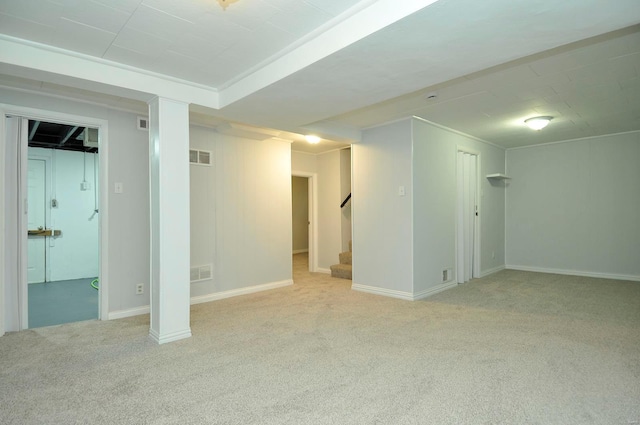 basement with light colored carpet