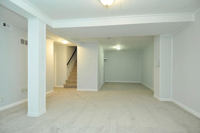 basement with light colored carpet