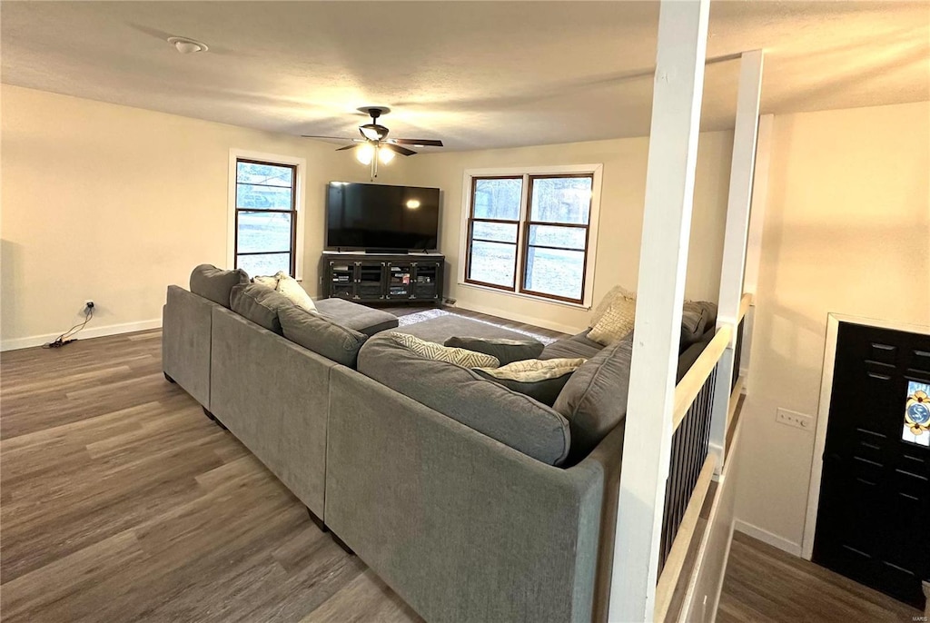 living room with plenty of natural light, dark hardwood / wood-style floors, and ceiling fan