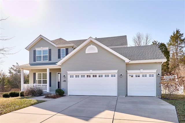 traditional home featuring a porch, a garage, driveway, and roof with shingles