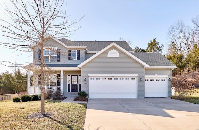 traditional-style house featuring covered porch, driveway, an attached garage, and a shingled roof