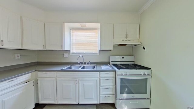 kitchen with gas range gas stove, a sink, white cabinets, and under cabinet range hood