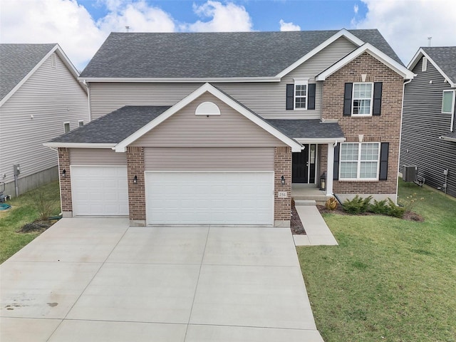 view of front of property with central AC and a front lawn