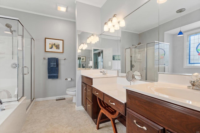 bathroom featuring visible vents, toilet, ornamental molding, a shower stall, and vanity