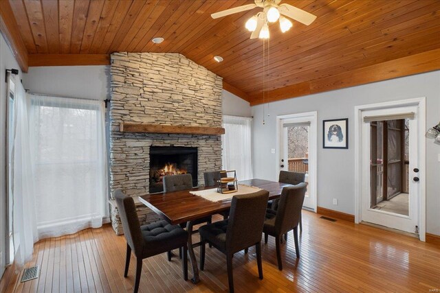 dining space featuring lofted ceiling, wooden ceiling, ceiling fan, a fireplace, and hardwood / wood-style floors