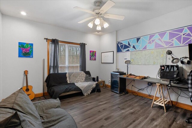 office space featuring dark wood-type flooring and ceiling fan