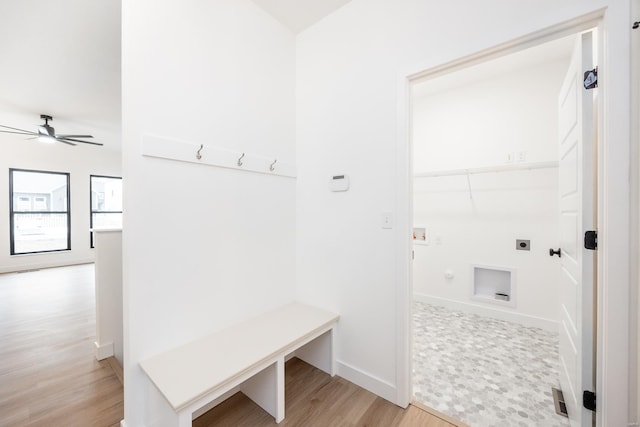 mudroom with ceiling fan and light hardwood / wood-style floors