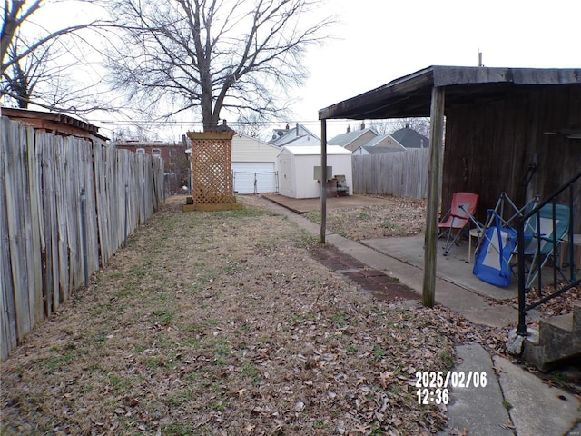 view of yard featuring a patio and a storage unit