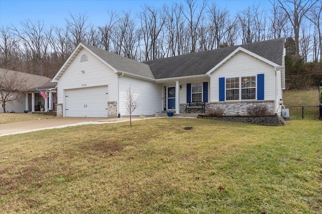 single story home featuring an attached garage, brick siding, fence, driveway, and a front lawn