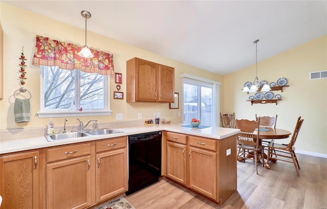 kitchen with lofted ceiling, sink, dishwasher, decorative light fixtures, and kitchen peninsula