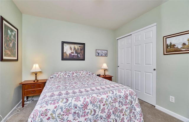 bedroom featuring carpet flooring and a closet