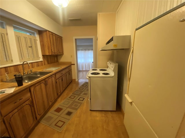 kitchen featuring sink, white electric range, and light hardwood / wood-style floors