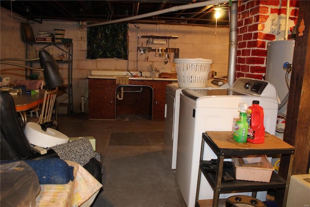 unfinished below grade area with water heater and washing machine and dryer