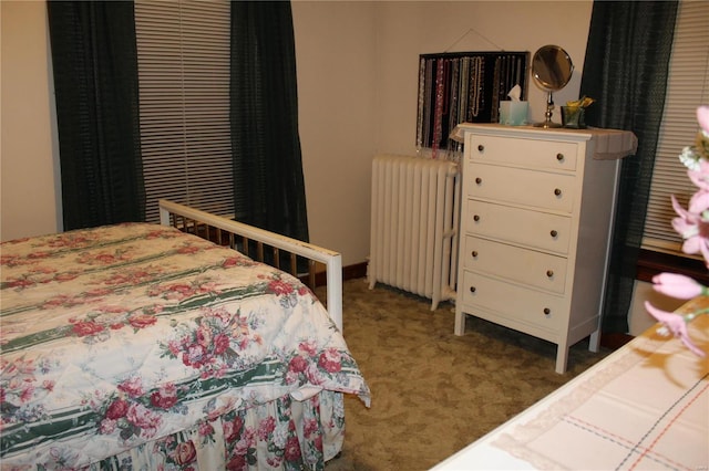 bedroom featuring radiator heating unit and dark carpet