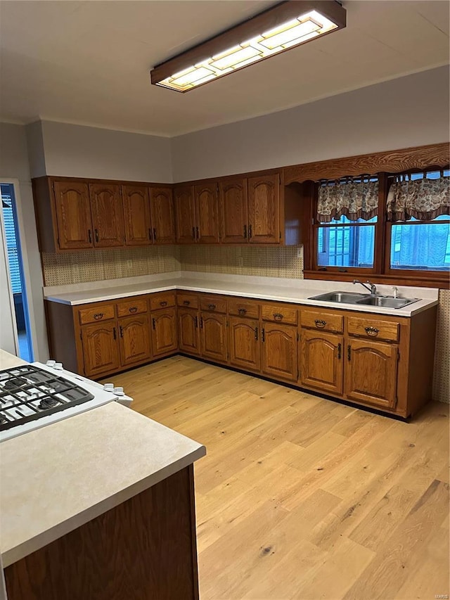 kitchen featuring tasteful backsplash, gas cooktop, light hardwood / wood-style floors, and sink