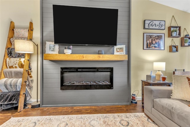 living room featuring hardwood / wood-style flooring and a large fireplace