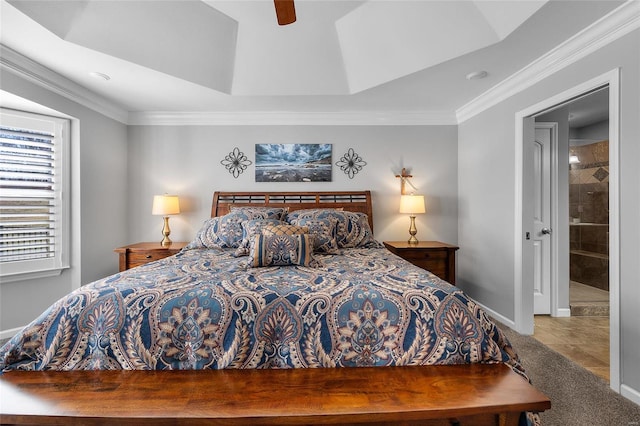 tiled bedroom with carpet, ceiling fan, baseboards, and crown molding