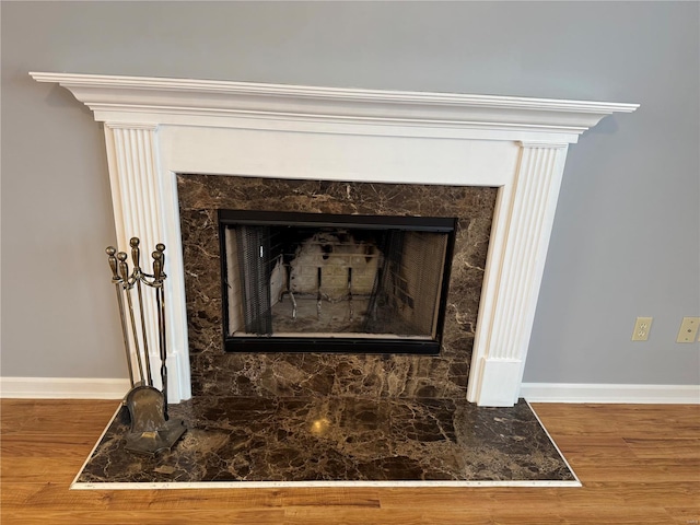 interior details featuring a high end fireplace and wood-type flooring