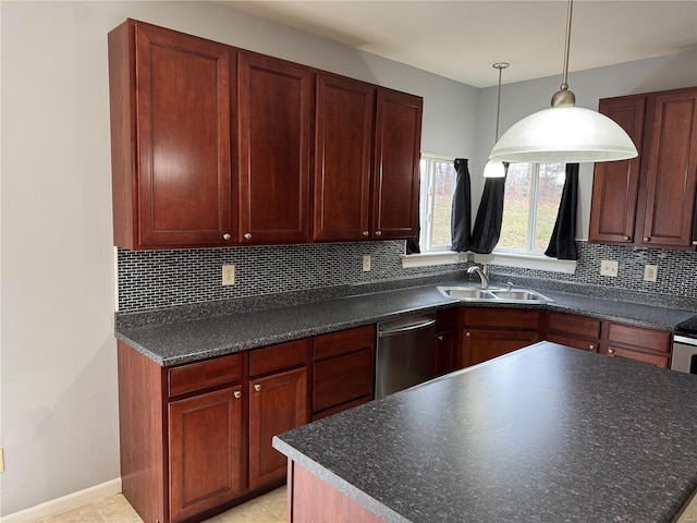 kitchen featuring tasteful backsplash, dishwasher, sink, and hanging light fixtures