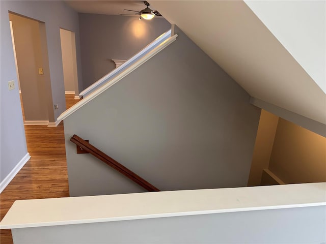 staircase with hardwood / wood-style flooring and ceiling fan