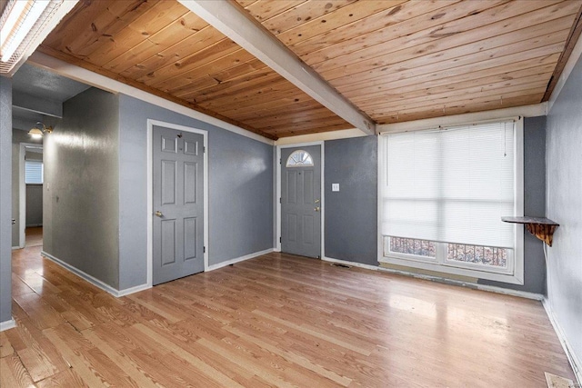 foyer with vaulted ceiling with beams, wooden ceiling, and light wood-type flooring