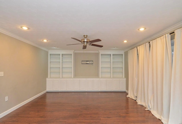 unfurnished room featuring ornamental molding, dark wood-type flooring, ceiling fan, and built in shelves