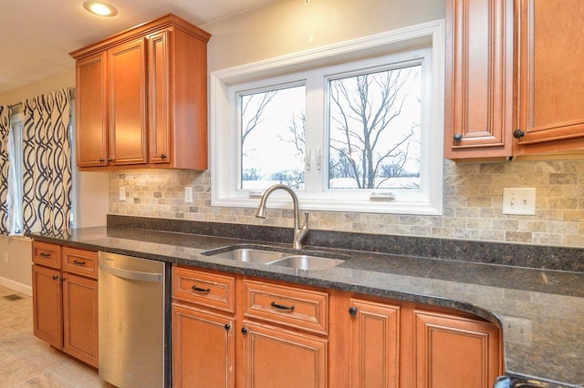 kitchen featuring dishwasher, sink, decorative backsplash, and dark stone counters