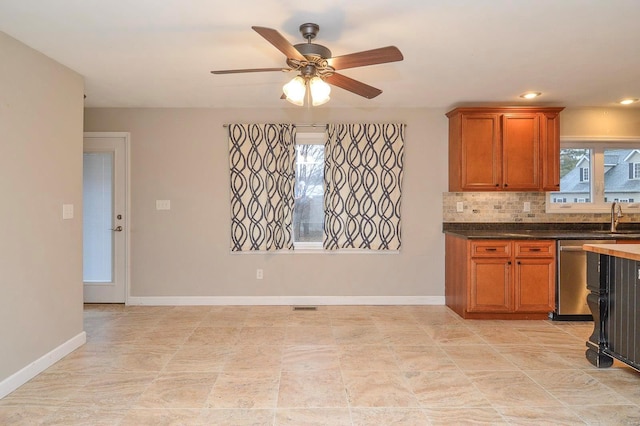 kitchen featuring tasteful backsplash, sink, stainless steel dishwasher, and ceiling fan