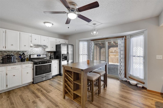 kitchen featuring stainless steel appliances, tasteful backsplash, white cabinetry, light wood-type flooring, and under cabinet range hood