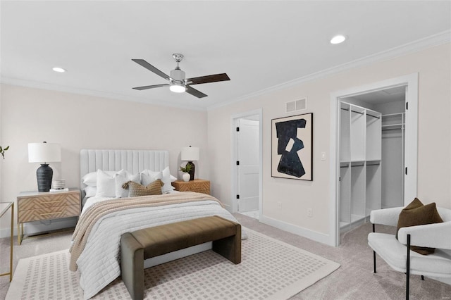 bedroom featuring light carpet, baseboards, visible vents, and crown molding